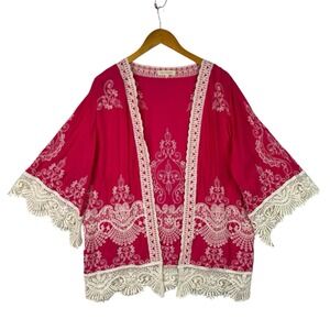 Solitaire Boho Kimono Cardigan Pink Embroidered Lace Trim Open Front Large